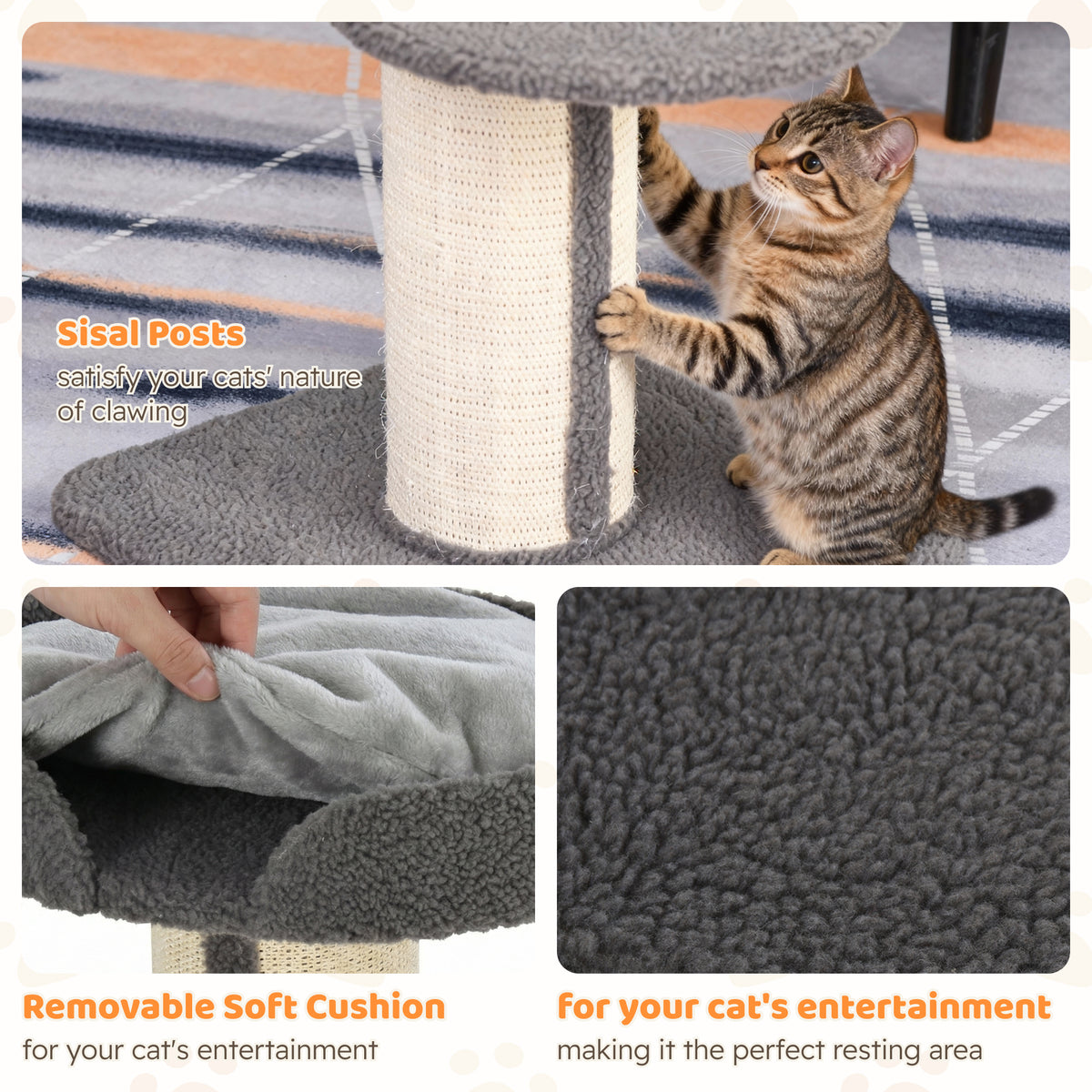 Cat tree detail showing sisal scratching post, removable cushioned bed and soft gray fabric