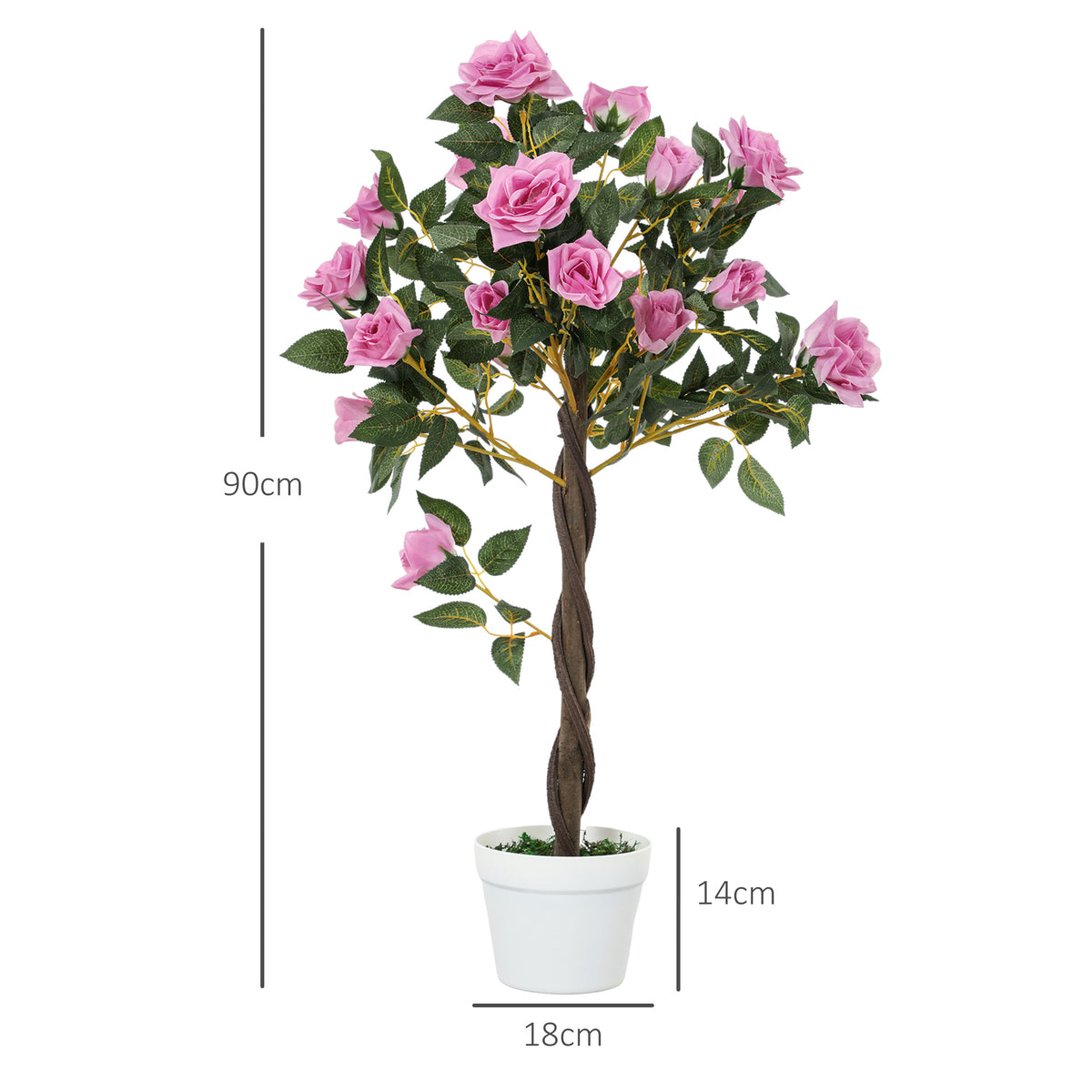 Artificial pink rose tree in a white pot, shown with 90 cm height and pot dimensions
