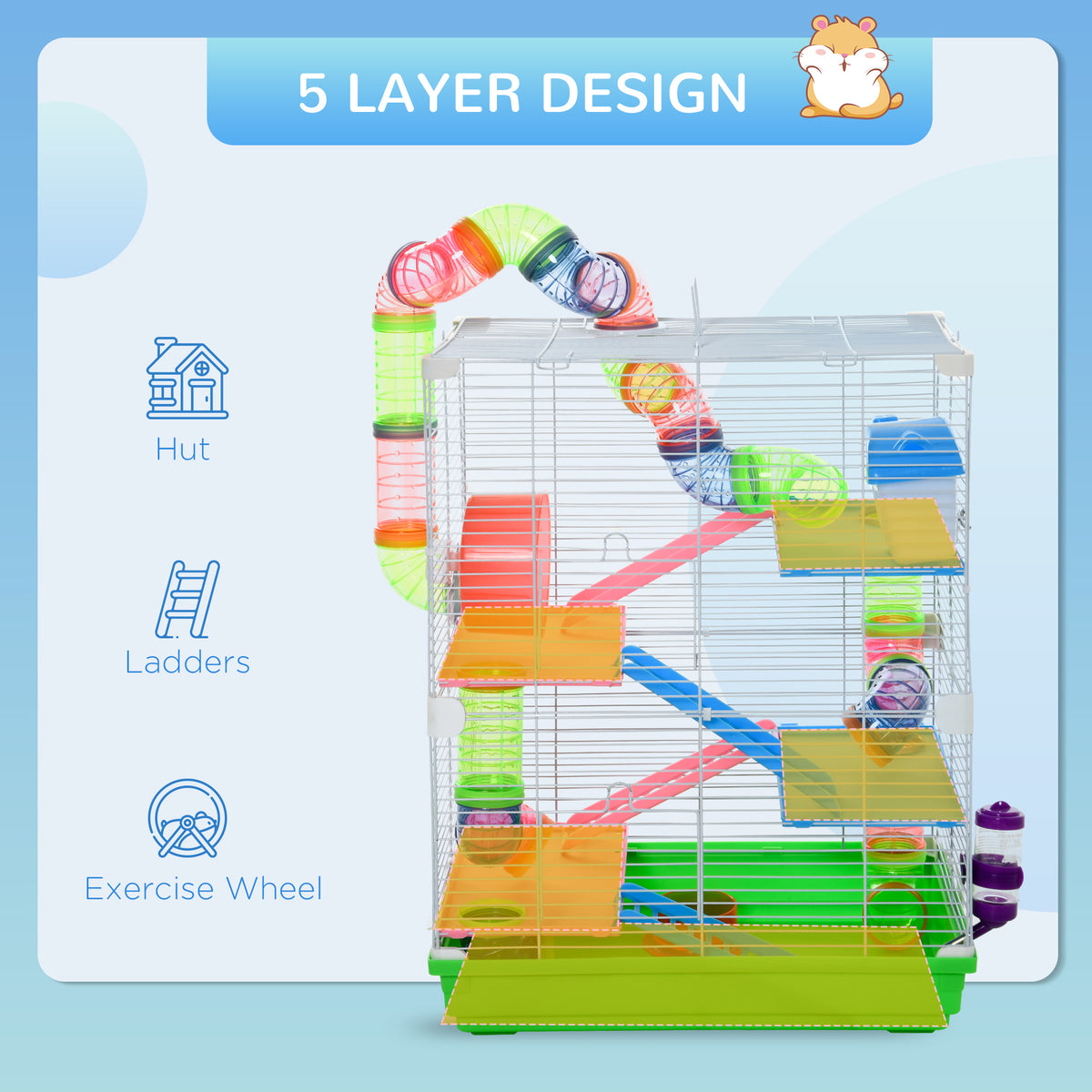 PawHut five-layer hamster cage with colorful tunnels, hut, ladders, exercise wheel, and green base.