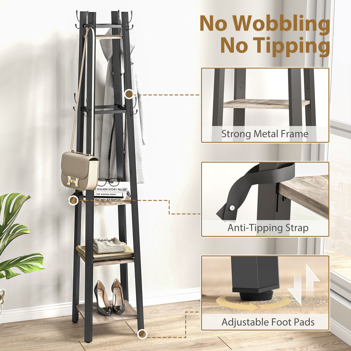 HOMCOM Industrial-Style Four Shelf Coat Stand - Grey/Black