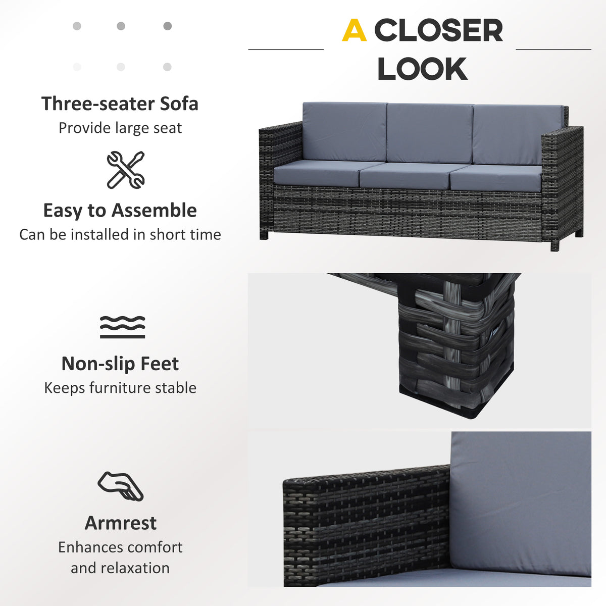 Three-seat grey rattan sofa with cushions, shown with close-ups of its feet and armrest.