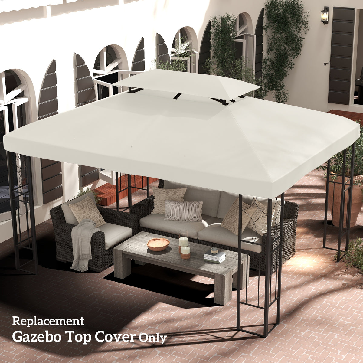 Cream two-tier replacement canopy roof fitted on a patio gazebo