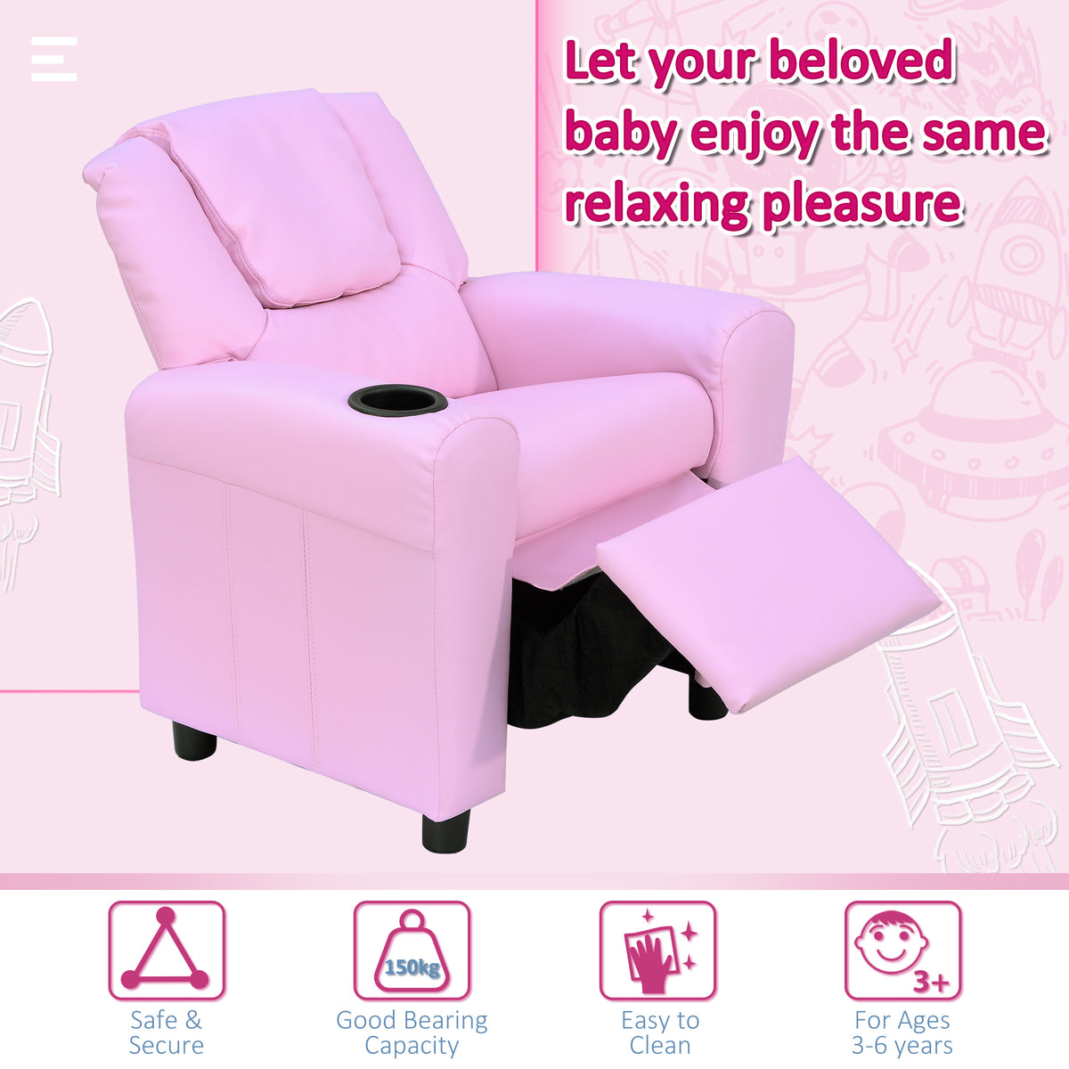 Pink kids' recliner chair with footrest extended and black cup holder