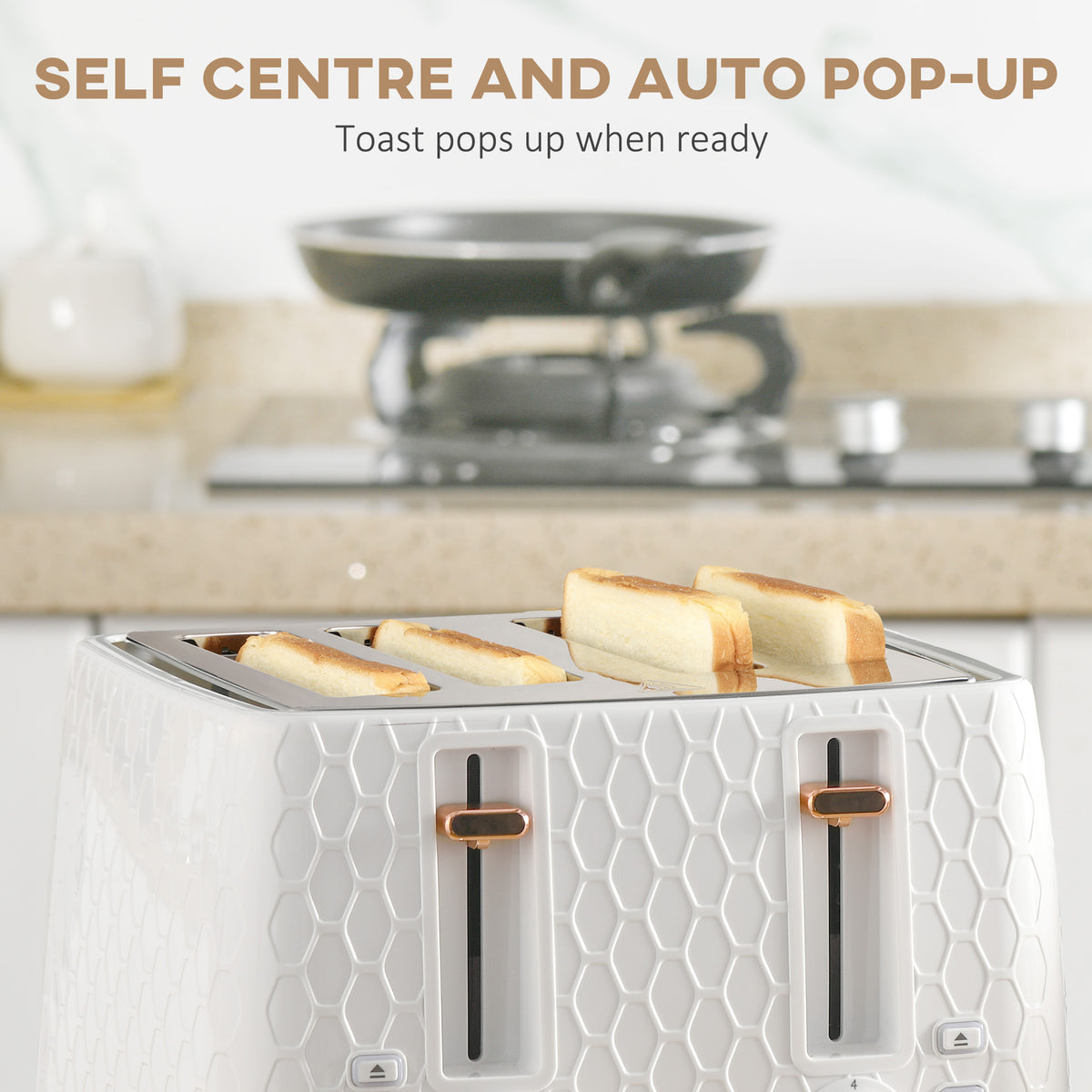 White four-slice toaster with two self-centering slots and toast popping up