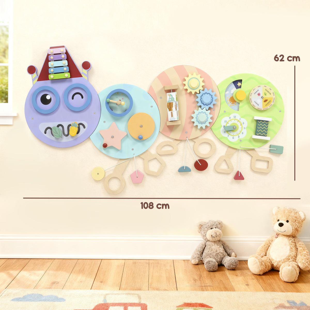 AIYAPLAY Caterpillar Busy Board with 7 Activities, for Nursery, Playroom, Home, for 3+ Years