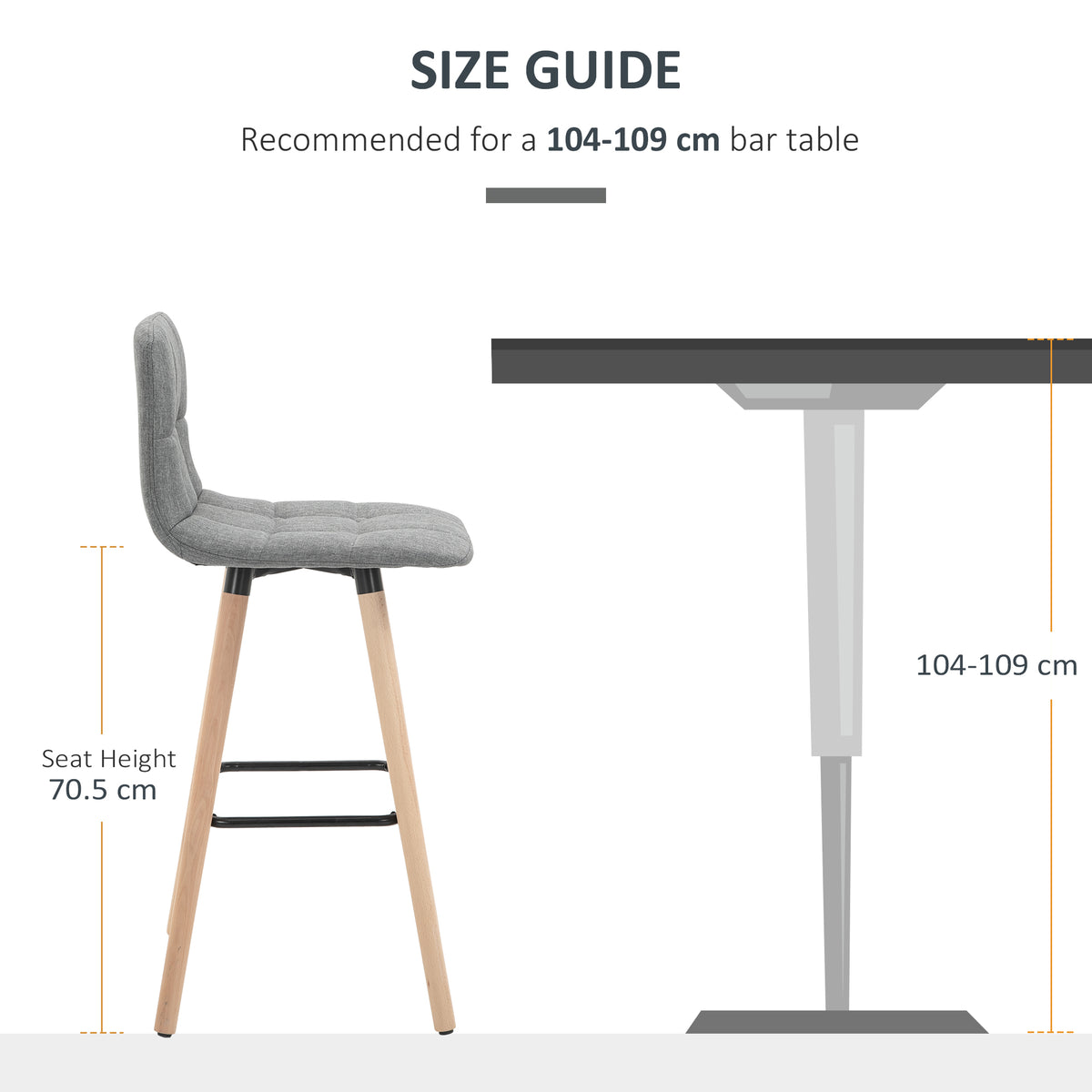 Side view of a gray upholstered bar stool with wood legs and a black footrest