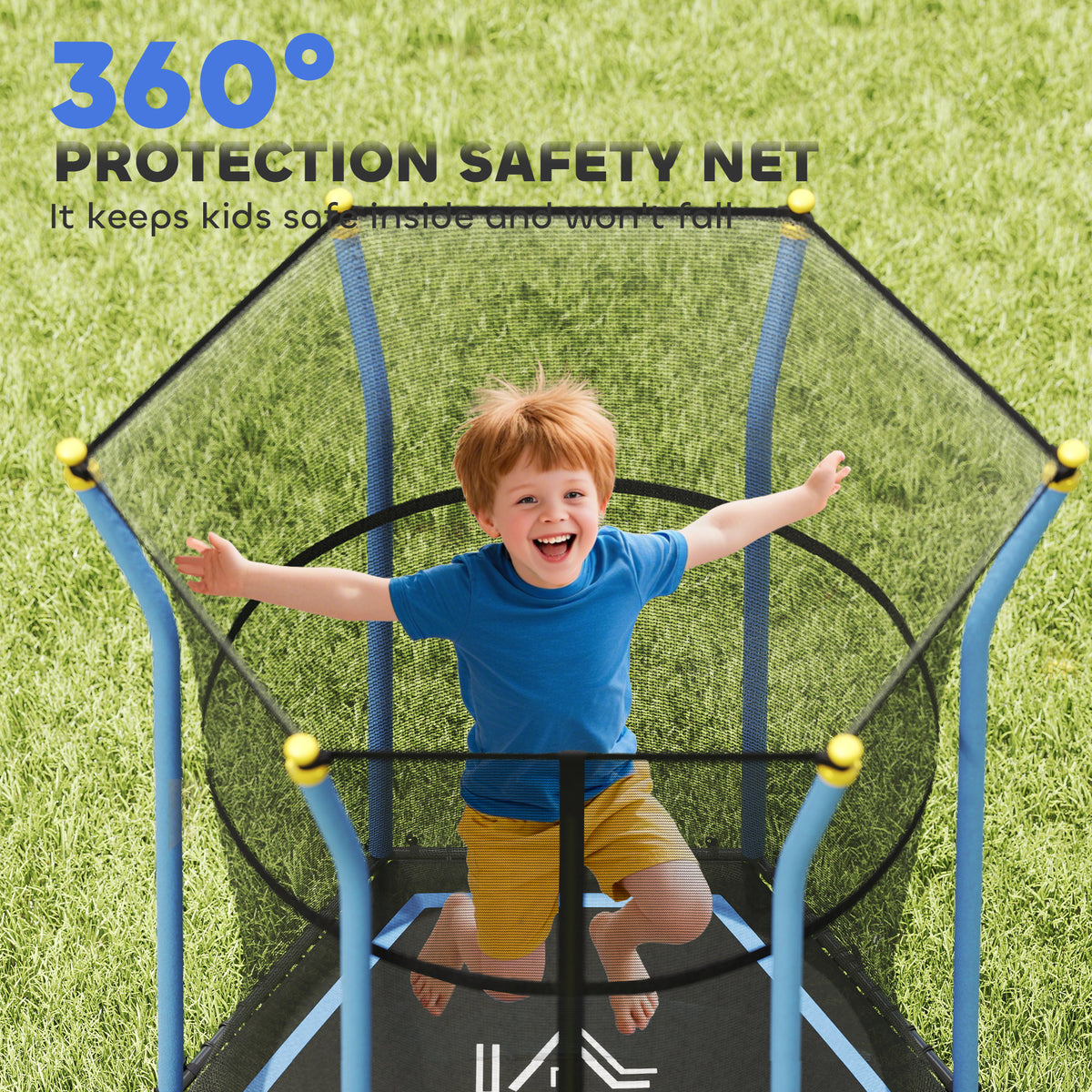 HOMCOM kids trampoline with full safety net, blue padded poles, and black jumping mat