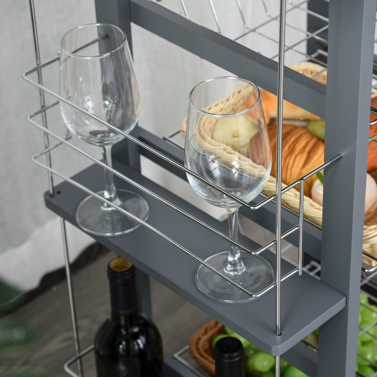 HOMCOM Rolling Kitchen Cart, Utility Storage Cart with 4 Basket Drawers & Side Racks, Wheels for Dining Room, Grey