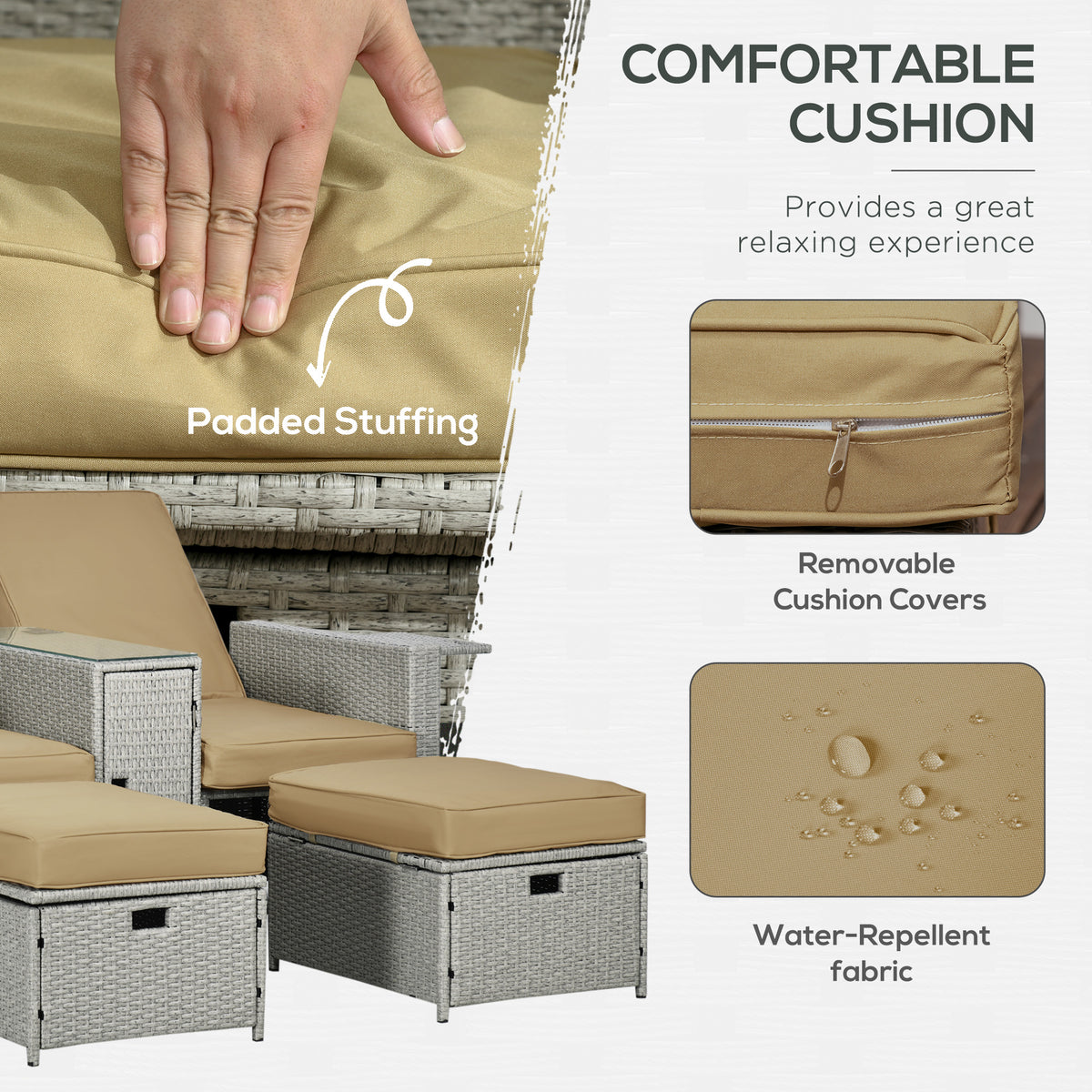 Outsunny lounger set with padded beige cushions, removable covers and water-repellent fabric