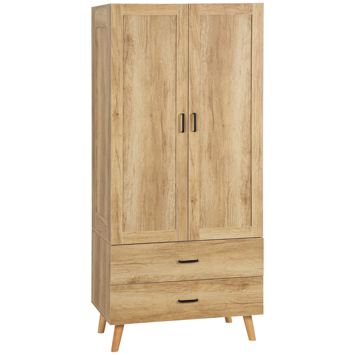 Photo of HOMCOM 2 Door Wardrobe, Modern Wardrobe with 2 Drawer and Hanging Rail for Bedroom, Natural in Natural colour on a white background