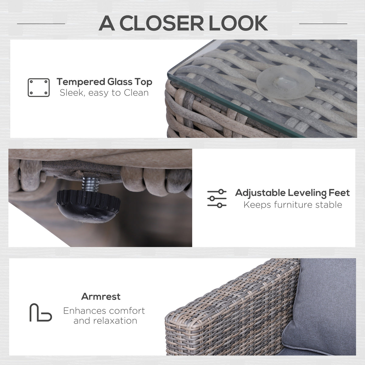 Outsunny patio set details: tempered glass table top, leveling foot and woven armrest