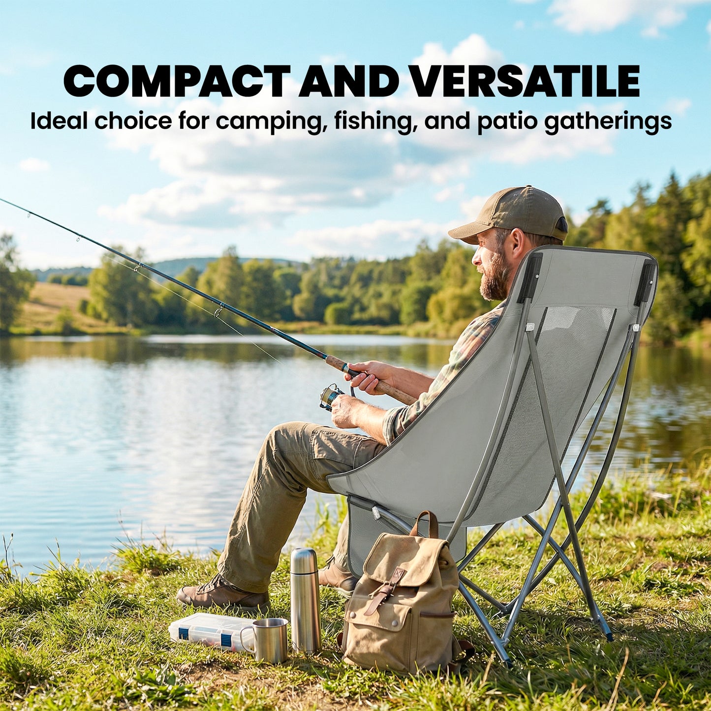 Outsunny Camping Chair for Adults Heavy Duty Folding Camp Chair with Side Pocket and Carry Bag Light Grey