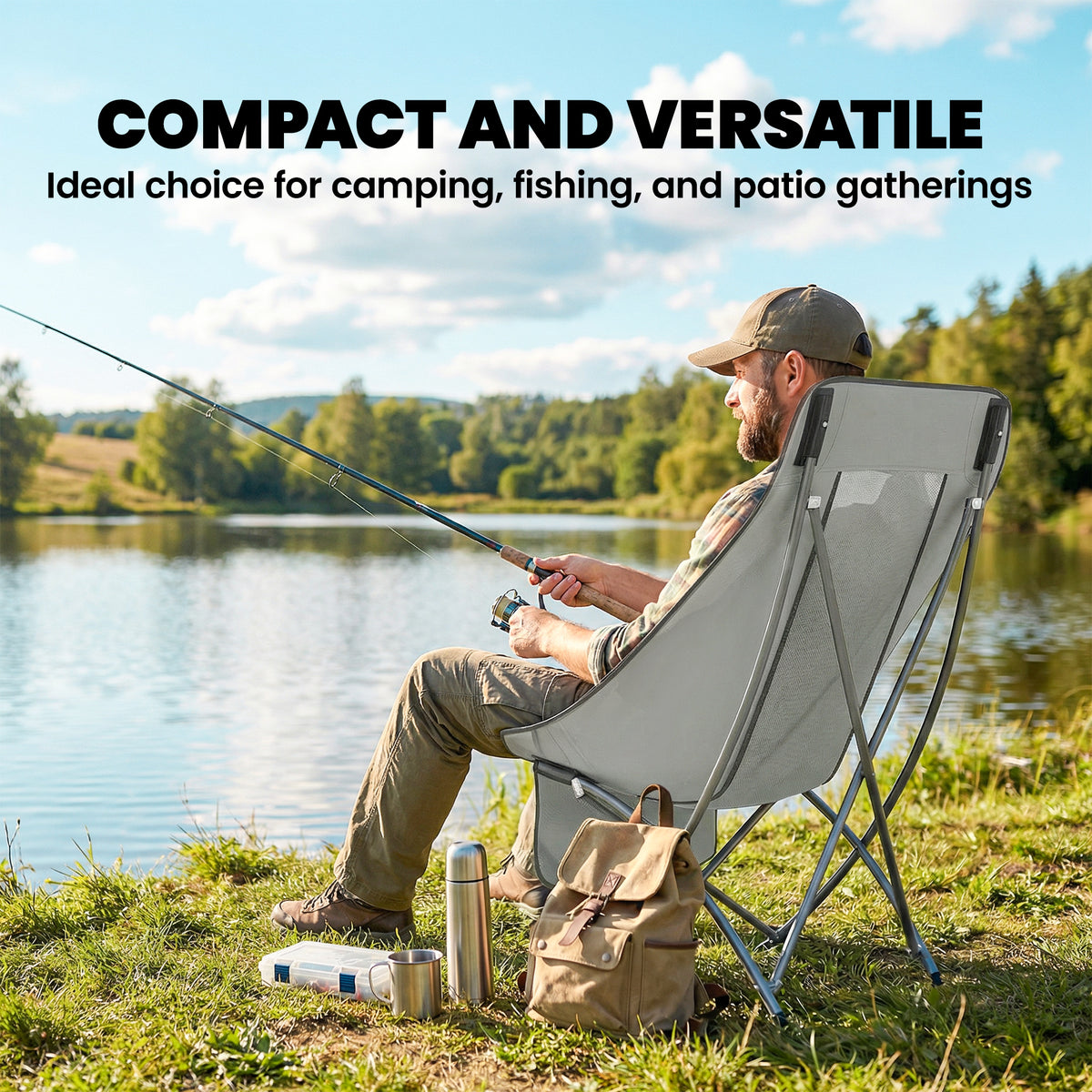 Outsunny Camping Chair for Adults Heavy Duty Folding Camp Chair with Side Pocket and Carry Bag Light Grey