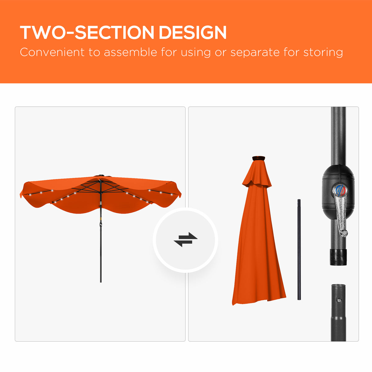 Outsunny Solar Patio Umbrella with LED and Tilt, Outdoor Market Table Umbrella Parasol with Crank, 3 x 3 (m), Orange