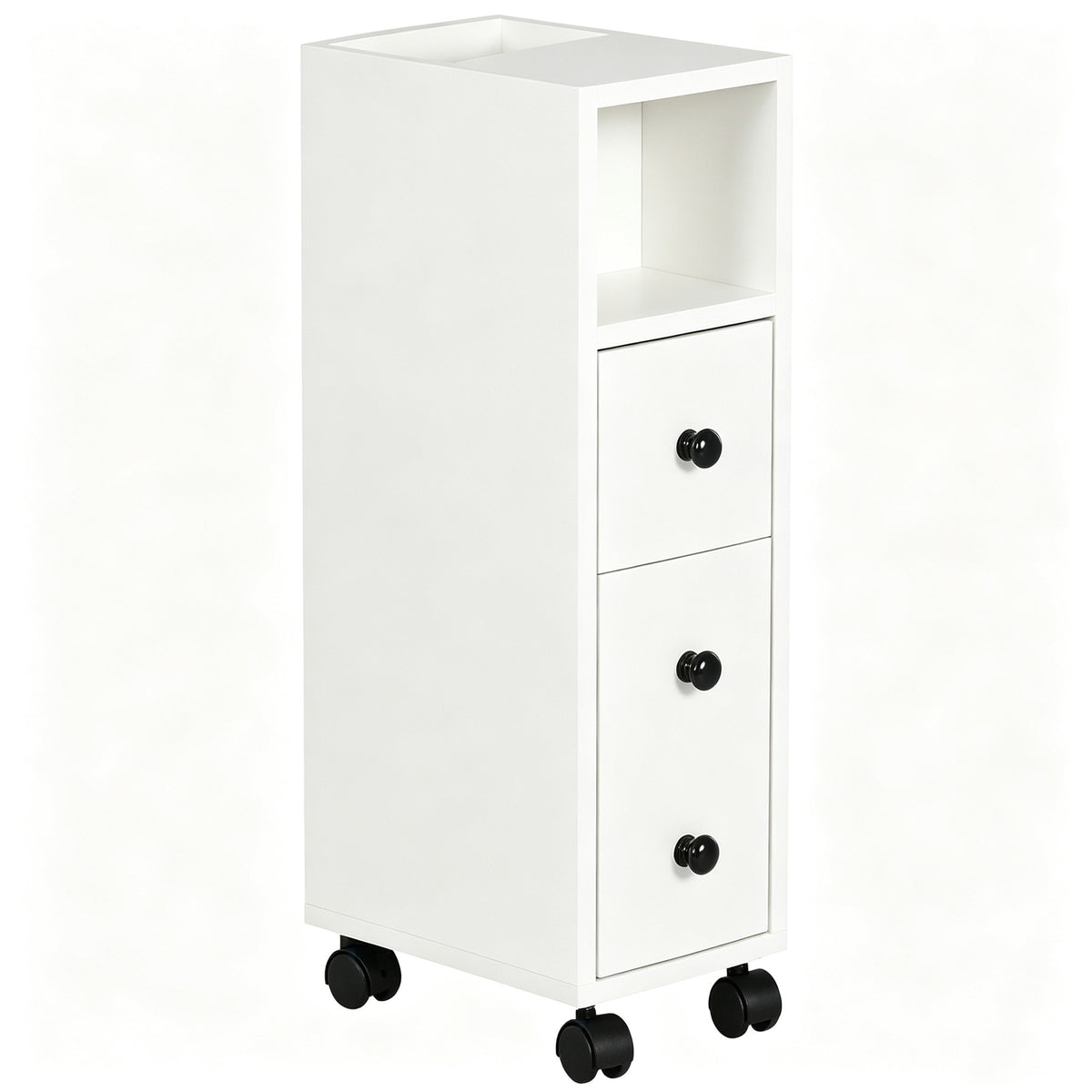 White slimline bathroom cabinet with an open shelf, three drawers and four caster wheels