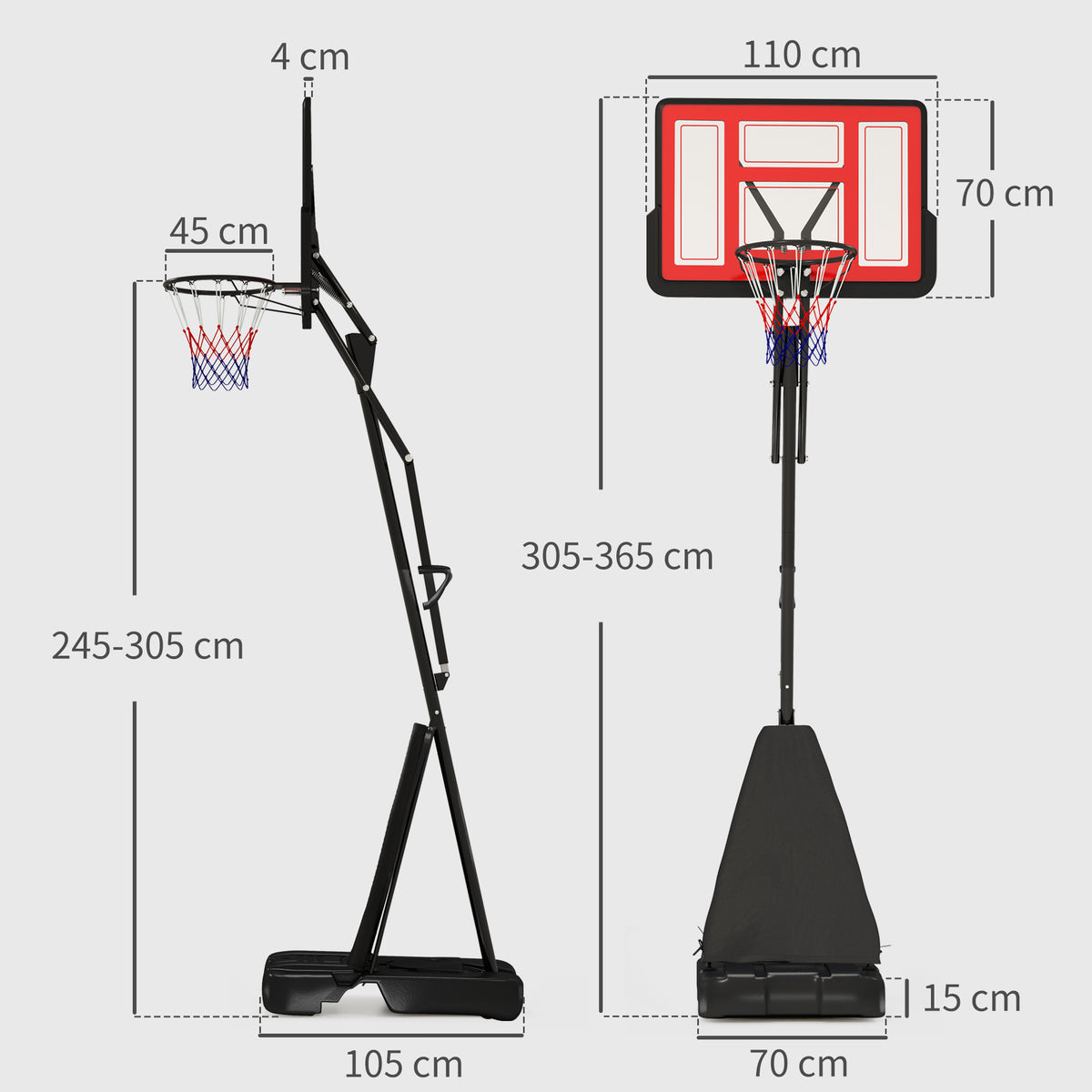 Basketball hoop dimensions, with measurements for the backboard, base and adjustable height