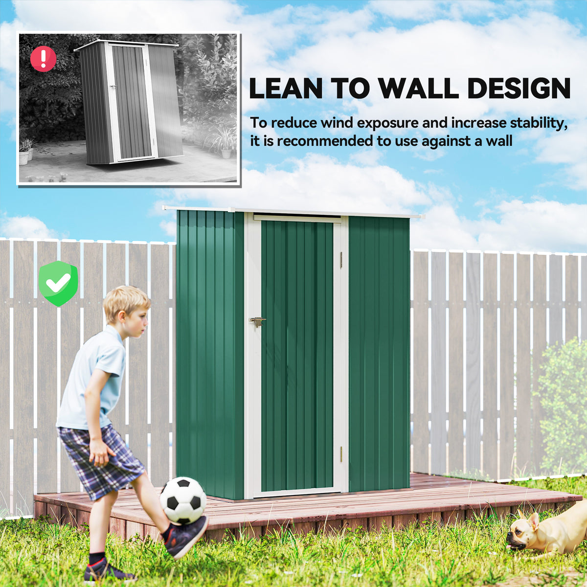 Green metal garden shed with a sloped roof and lockable front door