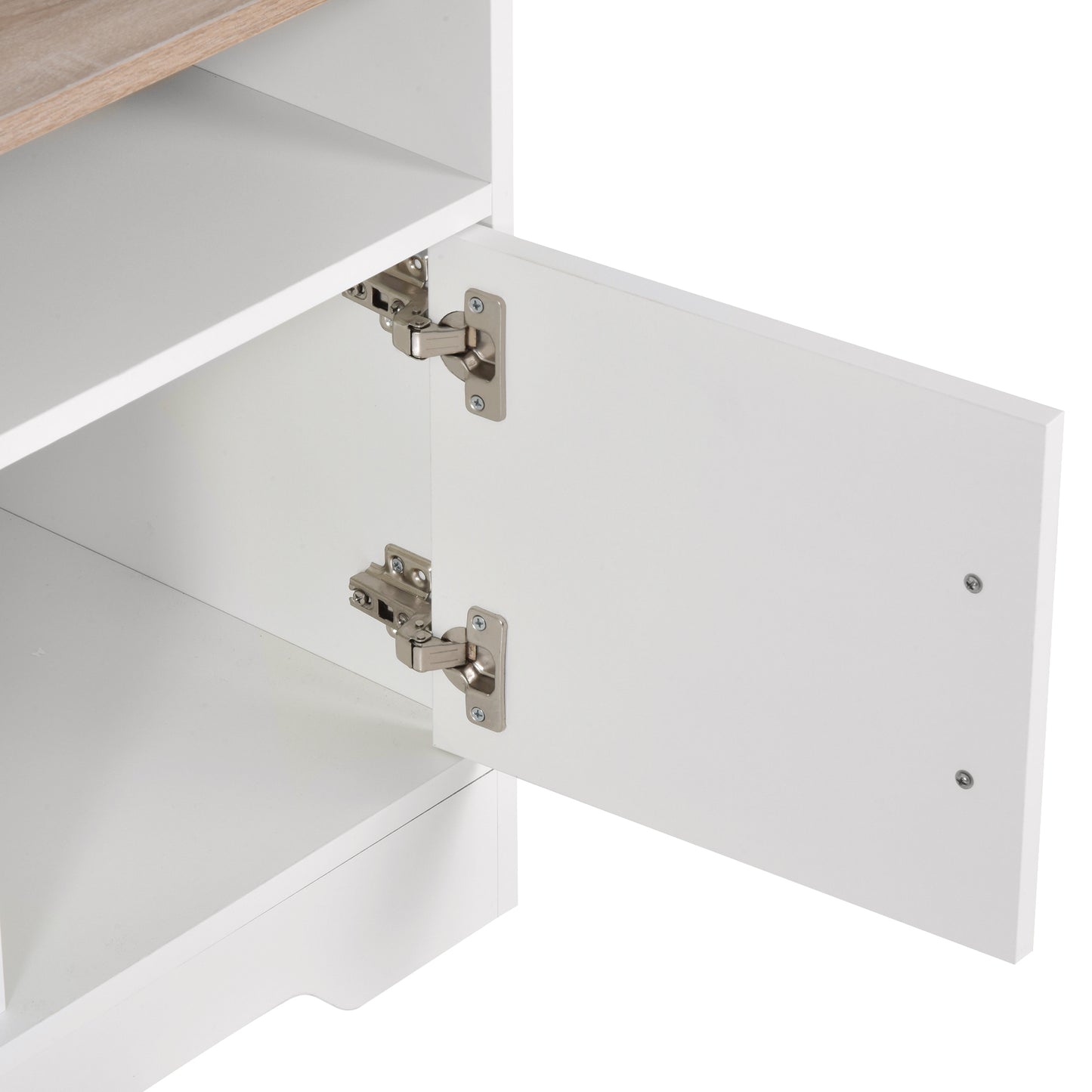 Close-up of open white TV stand cabinet door and metal hinges.