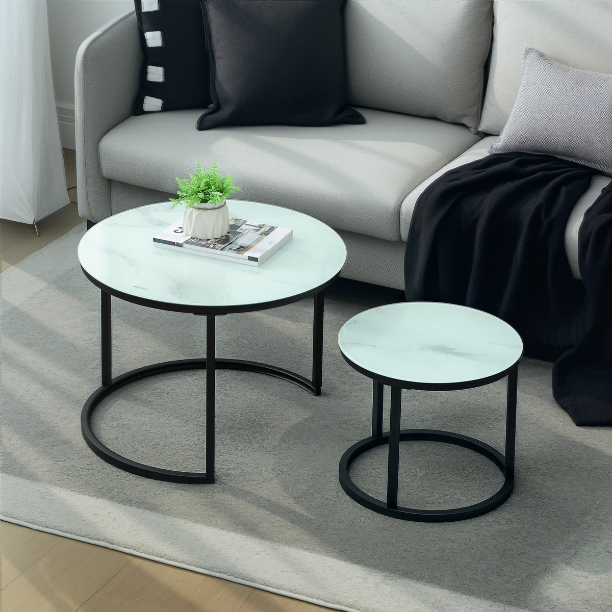 HOMCOM Glass Coffee Table Set of 2, Round Nest of Tables with Marble-Effect Tempered Glass Tabletop and Steel Frame, Modern Side Tables for Living Room, White