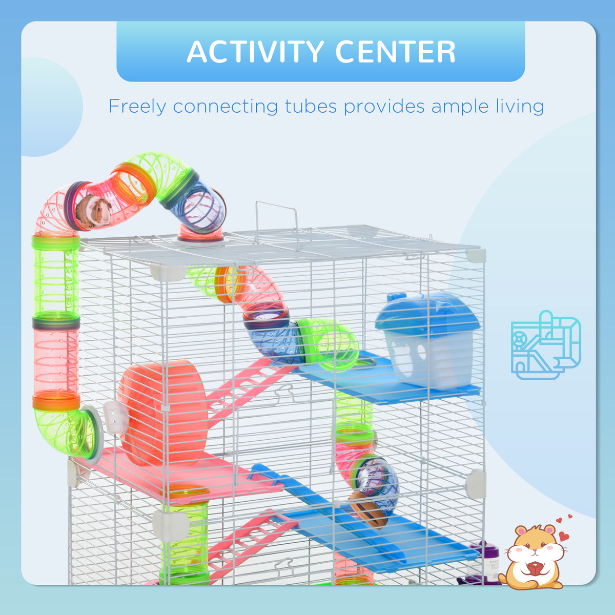 PawHut hamster cage with connected colorful tubes, blue platforms, ramps, and exercise accessories.