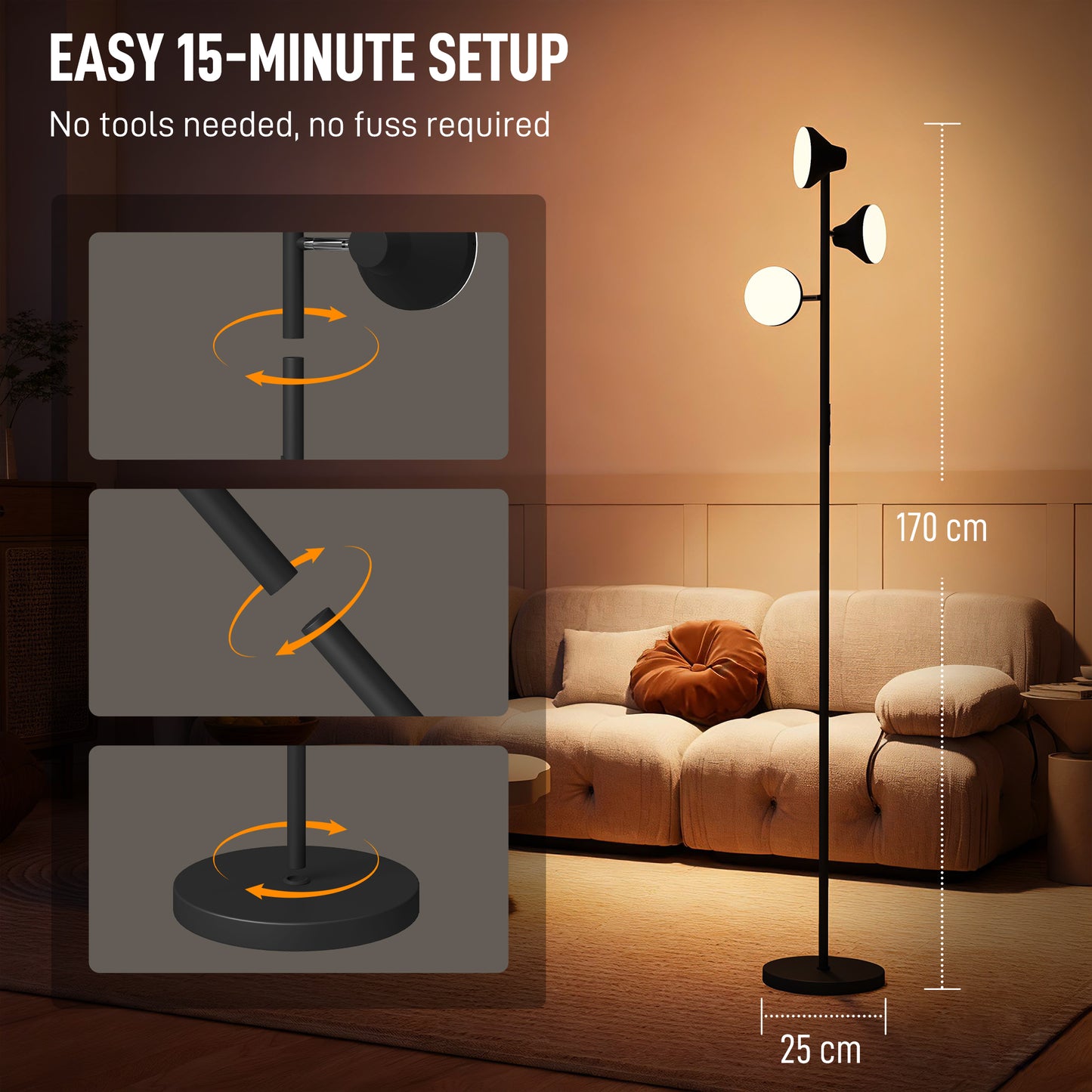 HOMCOM Three-Lamp Multi-Adjustable Floor Light - Black