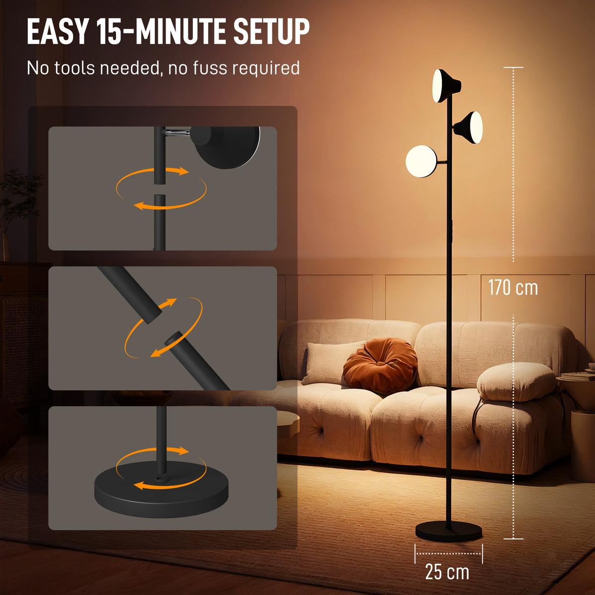 HOMCOM Three-Lamp Multi-Adjustable Floor Light - Black