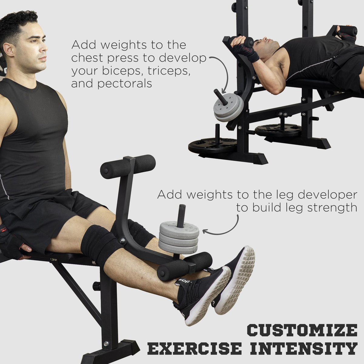 HOMCOM weight bench with chest press and leg developer shown in use