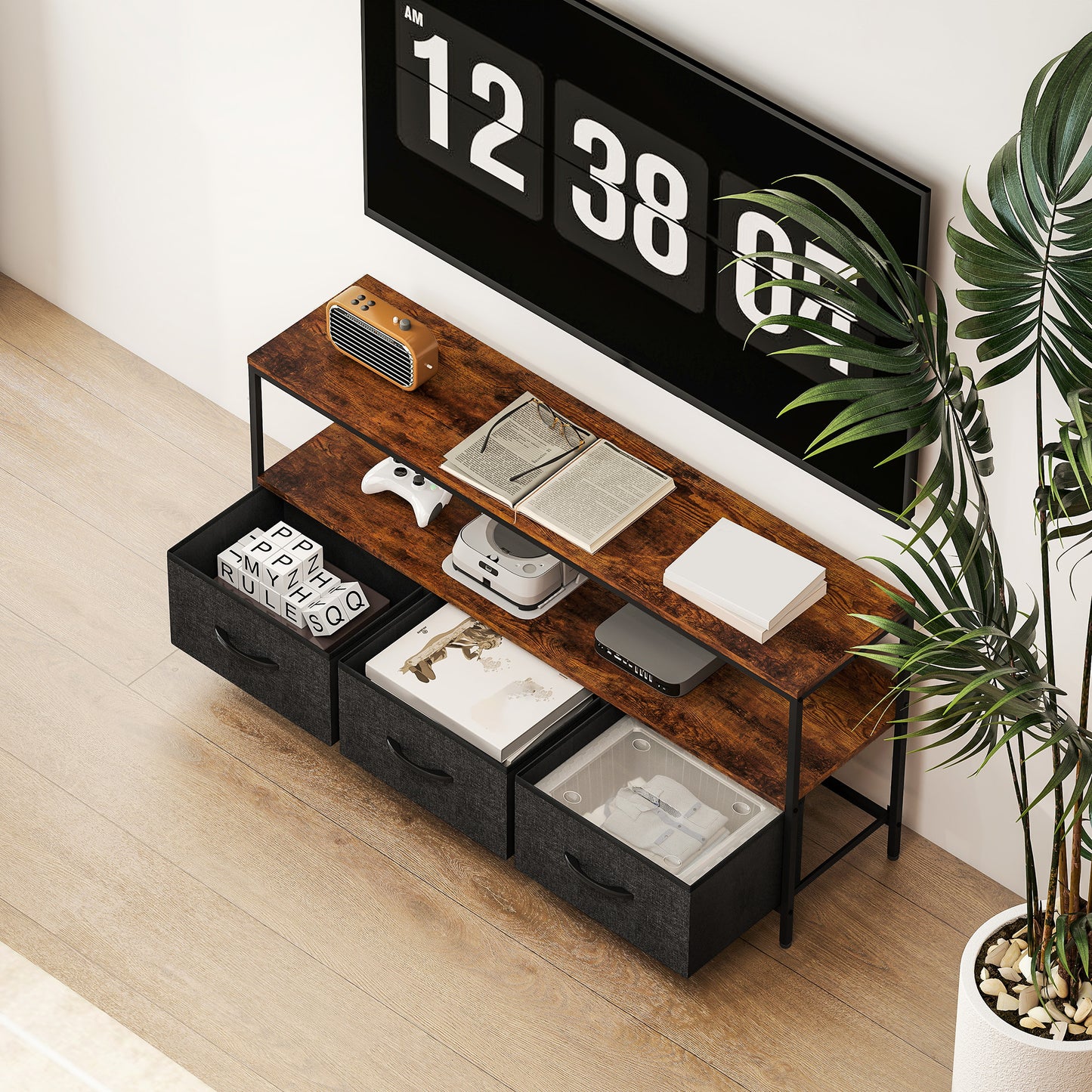 HOMCOM TV Stand Cabinet with 3 Foldable Drawers - Rustic Brown