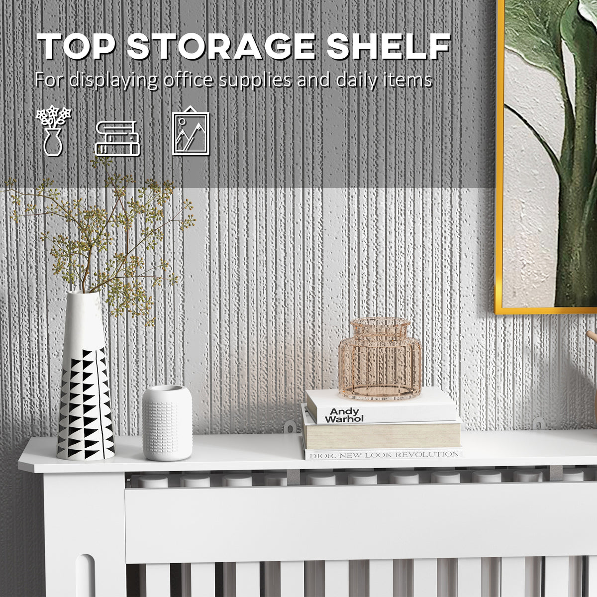 White slatted radiator cover with a top shelf for display items