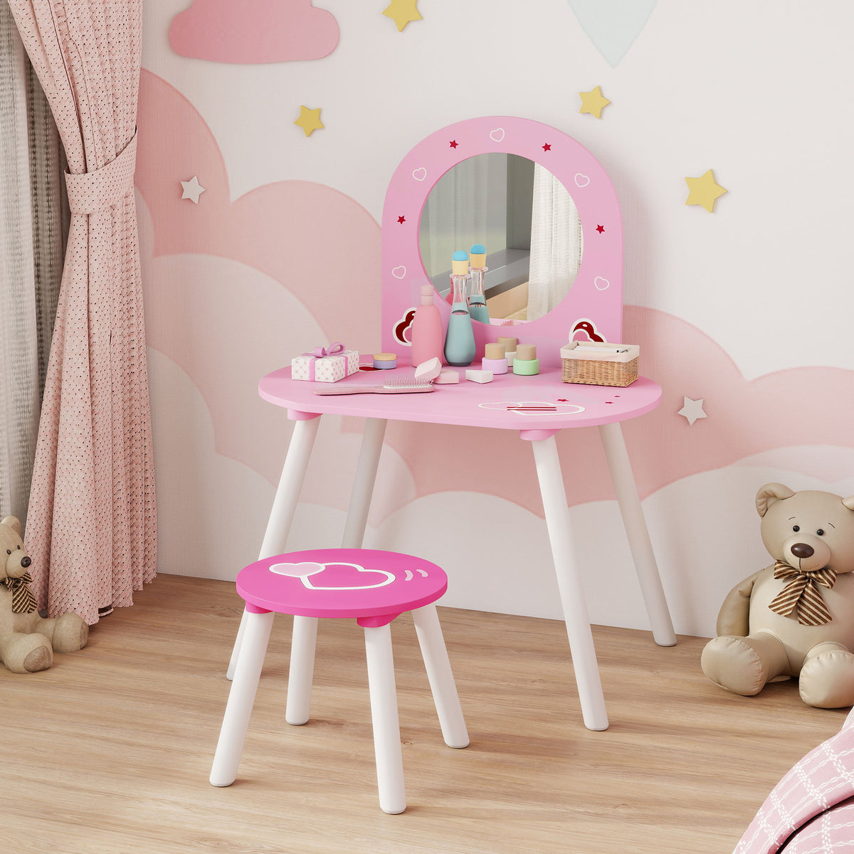 AIYAPLAY Kids Dressing Table with Mirror and Stool, Girls Vanity Set for Kids Room, Bedroom, Nursery, for Ages 3–6 Years, Pink