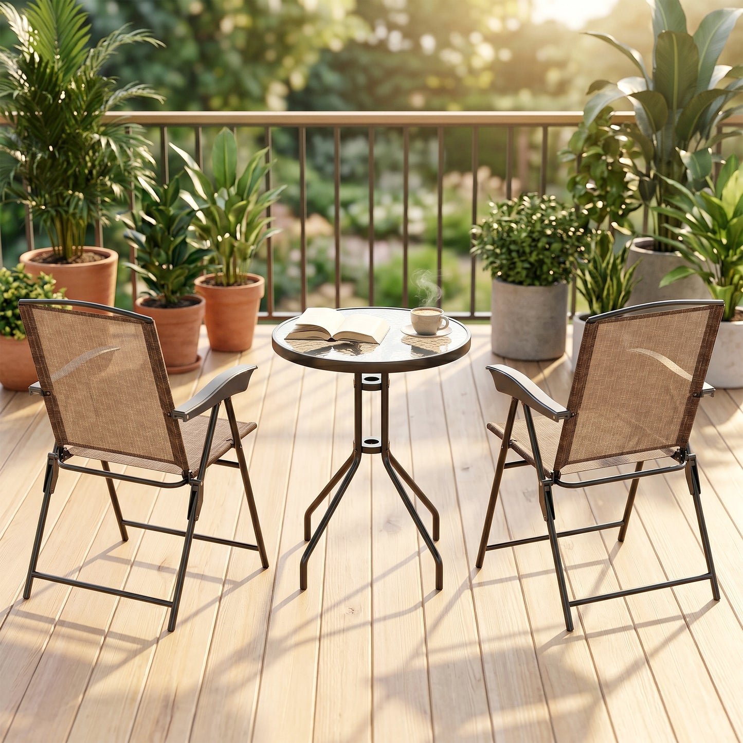 Outsunny 3 Piece Outdoor Bistro Set, Patio Conversation Furniture Set with 2 Folding Backrest Adjustable Armchairs and Glass Top Coffee Table, Brown