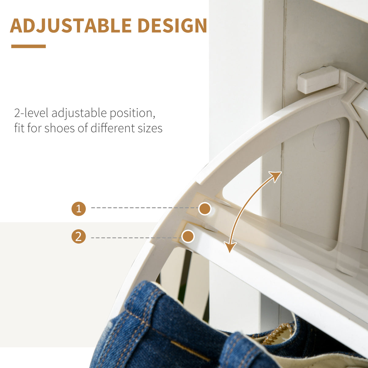 Shoe cabinet interior with adjustable two-position shelves for different shoe sizes