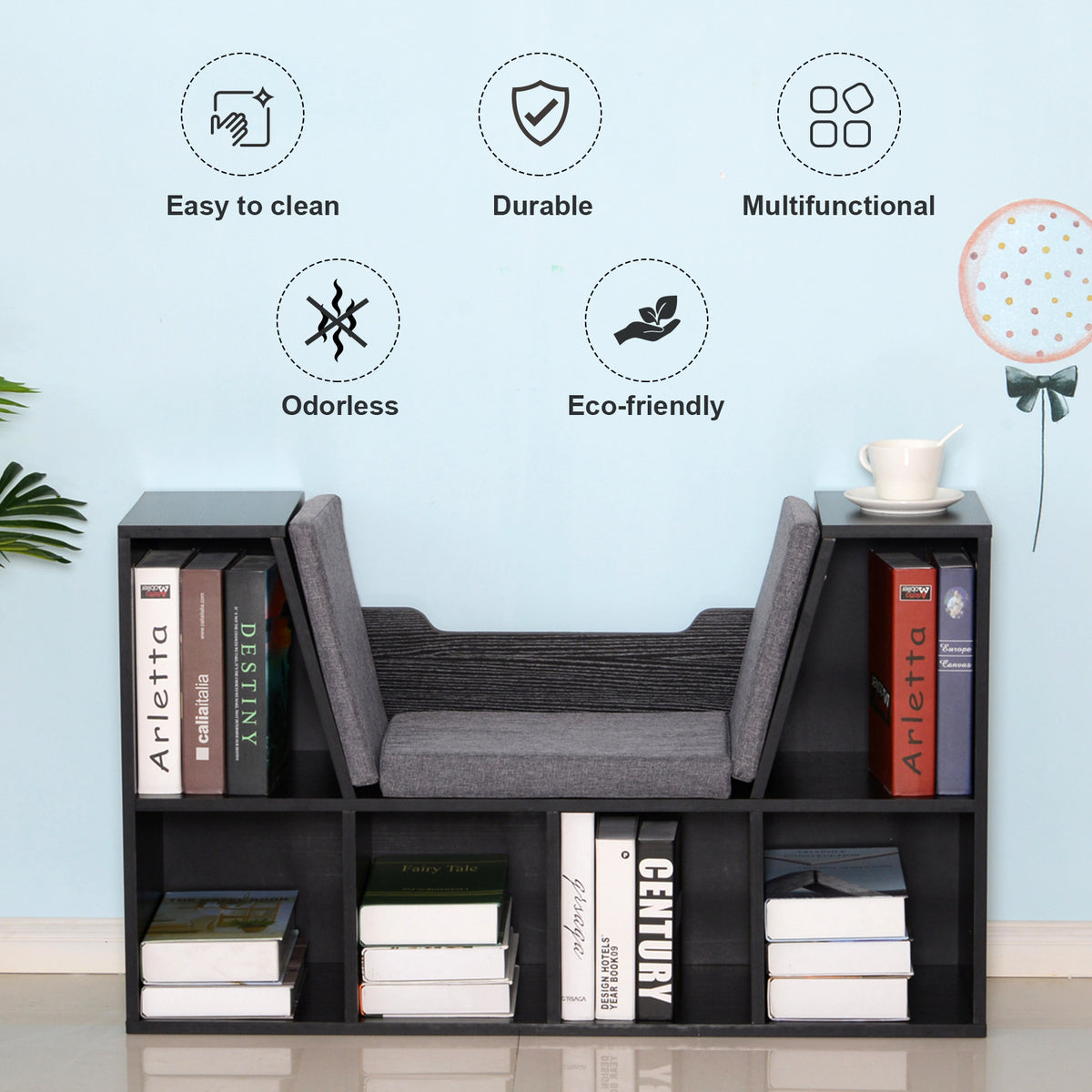 HOMCOM Bookcase Storage Shelf with Cushioned Reading Seat, Cube Bookshelf Organizer for Bedroom Living Room, Black