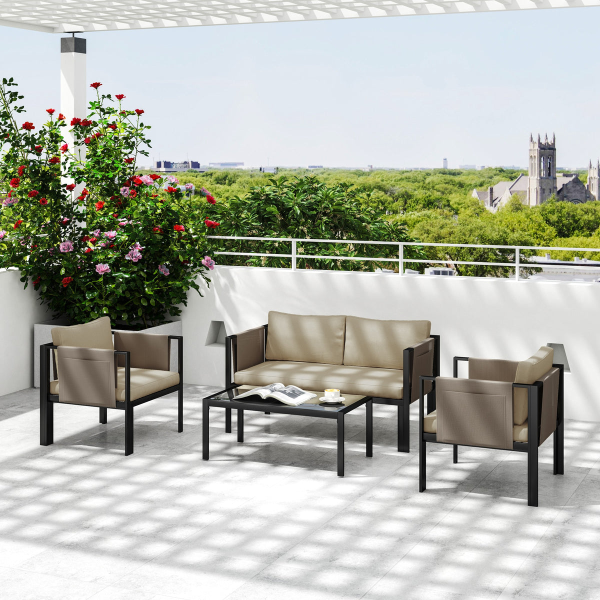 Outsunny 4 Piece Metal Garden Furniture Set with Loveseat, Breathable Texteline Chairs and Glass Coffee Table for Patio, Balcony & Outdoor, Khaki