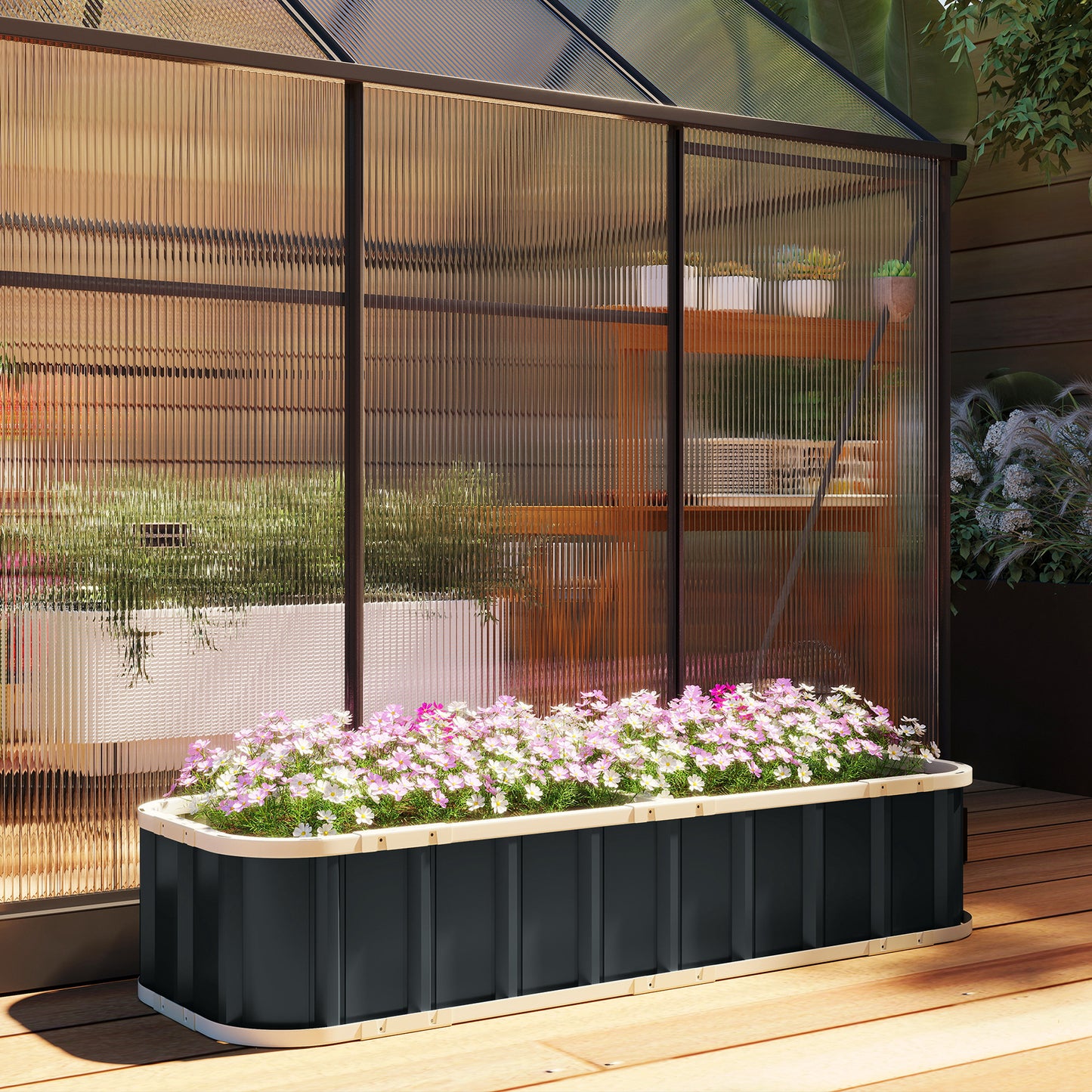 Outsunny Galvanised Raised Garden Bed, 5 x 2 x 1 ft Metal Planter with Gloves and Folded Edging, Dark Grey
