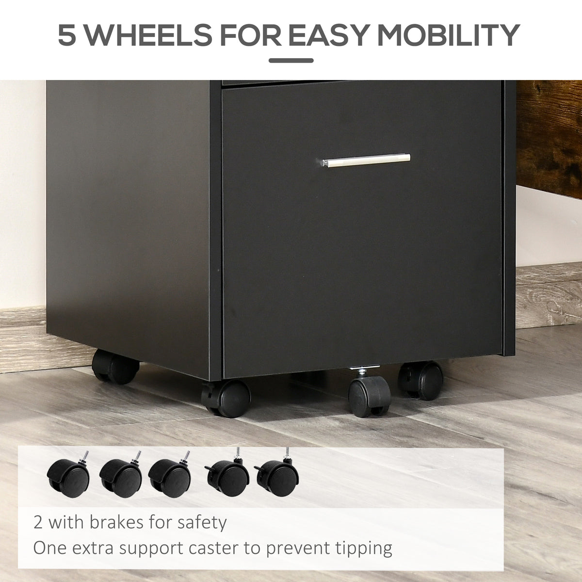 Black filing cabinet base with five caster wheels, including two braked wheels and a support caster.