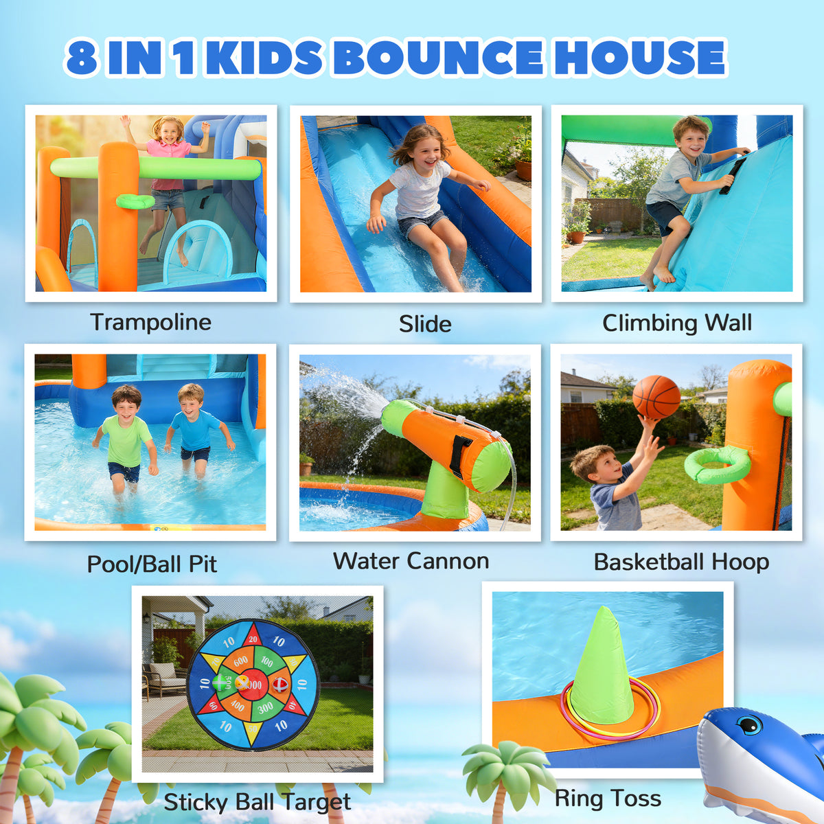 AIYAPLAY Inflatable Bouncy Castle for Kids, Sharks Theme Jumping Bounce House with Slide, Climbing Wall for Indoor Outdoor