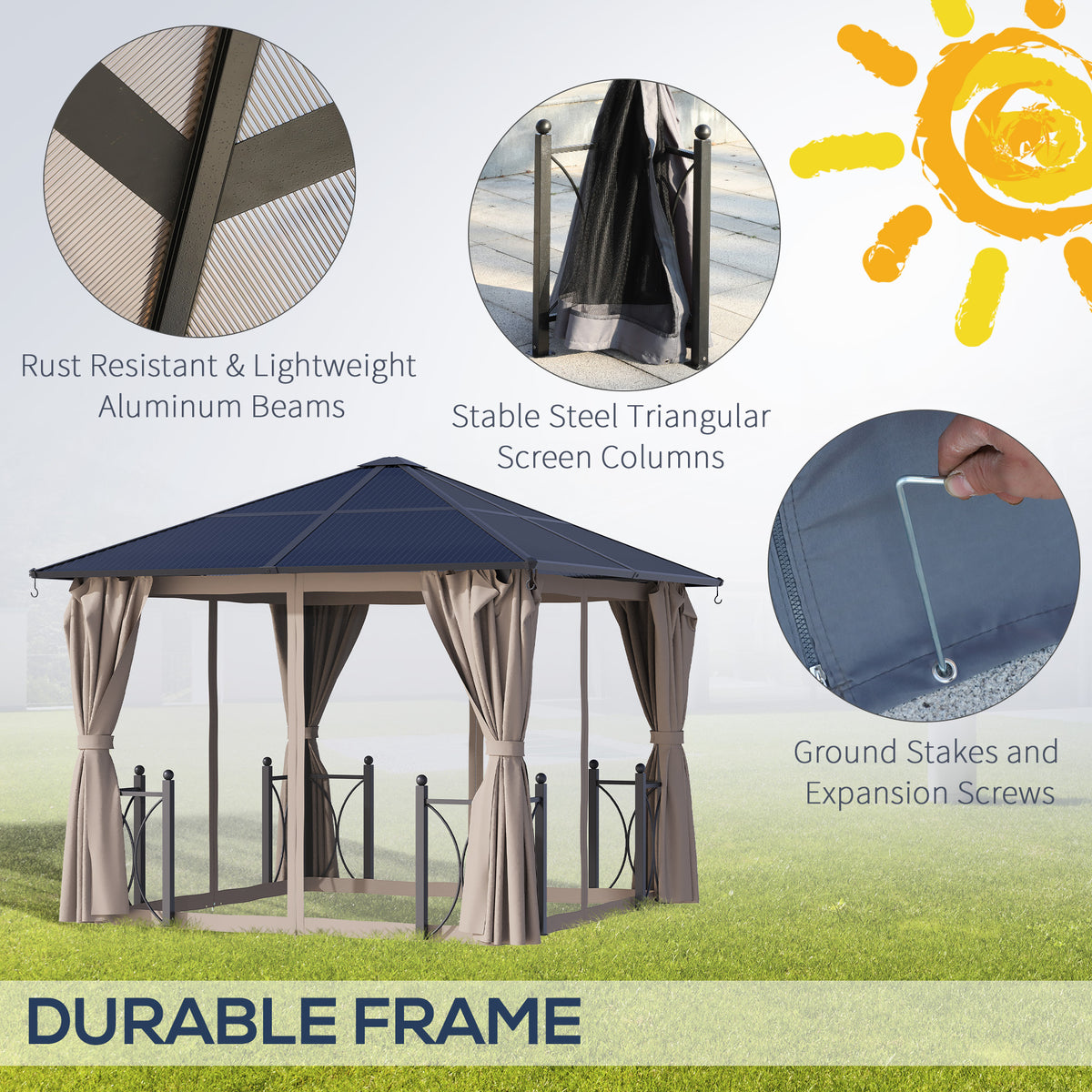 Hardtop gazebo with gray curtains and black frame, shown with stakes and aluminum beams