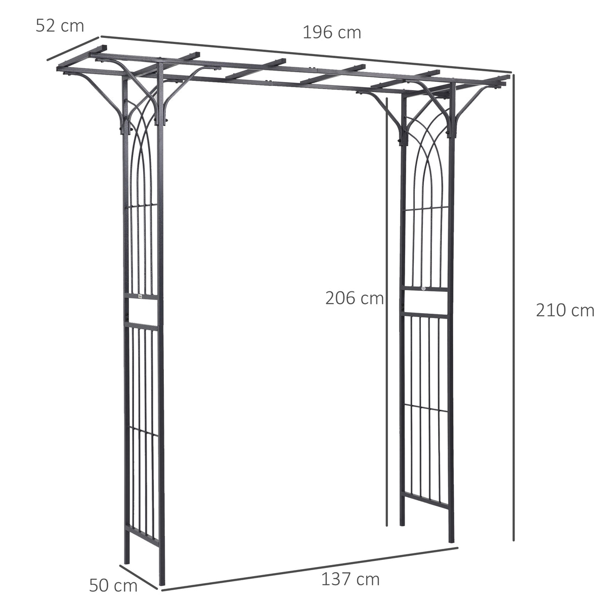 Metal garden trellis arch with dimensions marked: 210 cm high and 137 cm wide