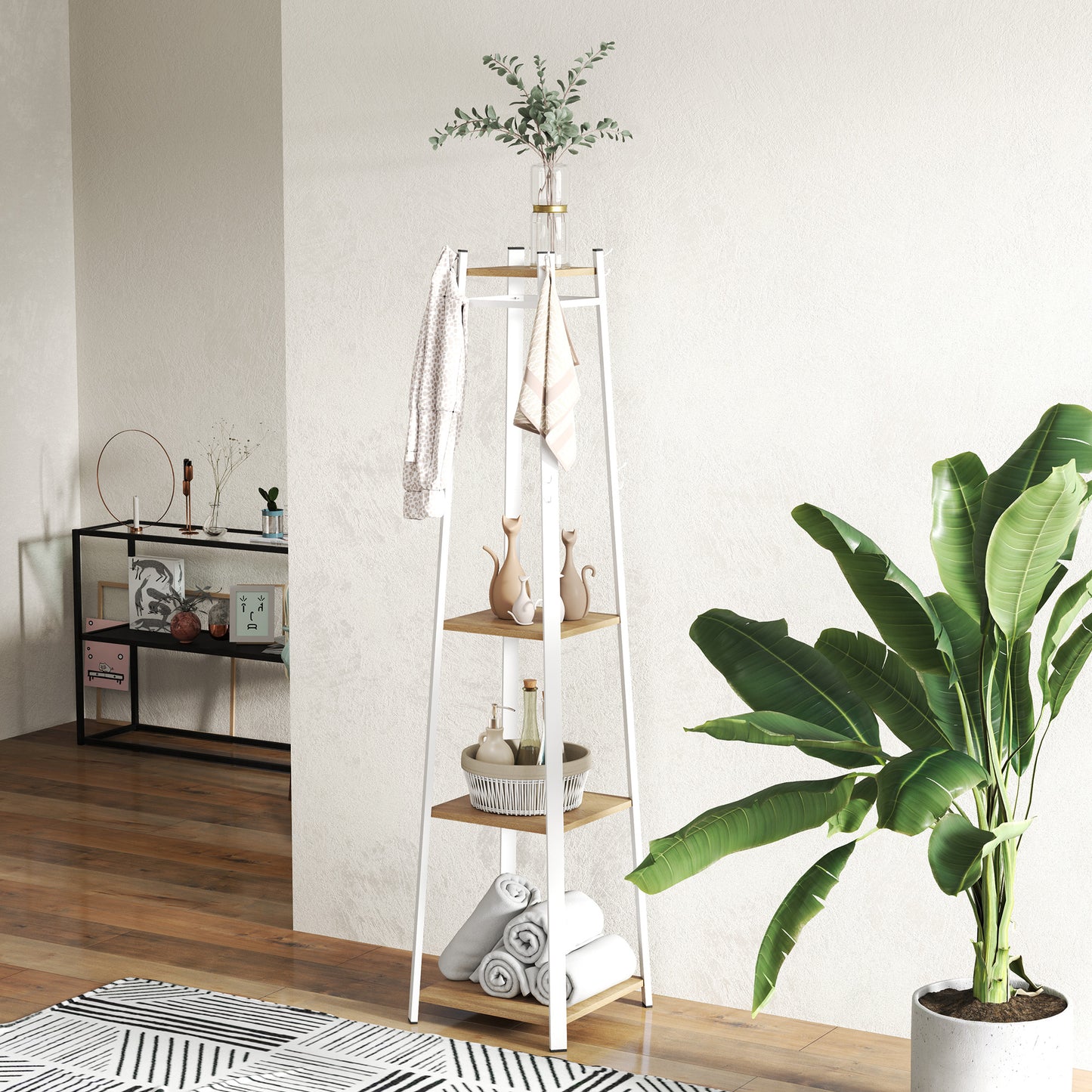 HOMCOM Compact Freestanding Coat Rack - White/Oak