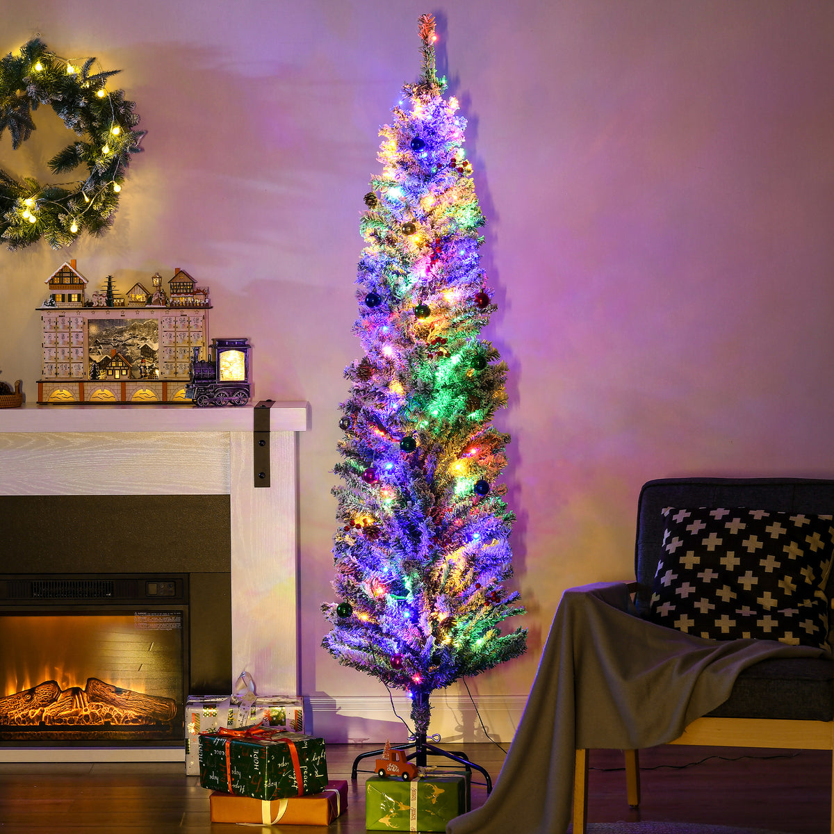 HOMCOM 6' Artificial Prelit Christmas Trees Holiday Décor with Colourful LED Lights, Flocked Tips, Berry, Pine Cone