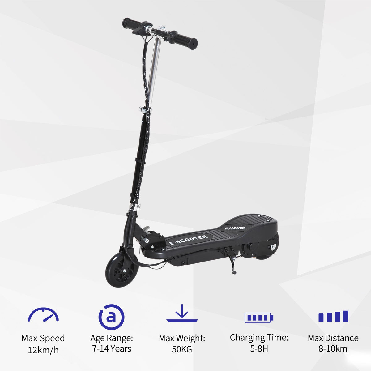HOMCOM black electric scooter with specs for speed, age, weight, charge, and range
