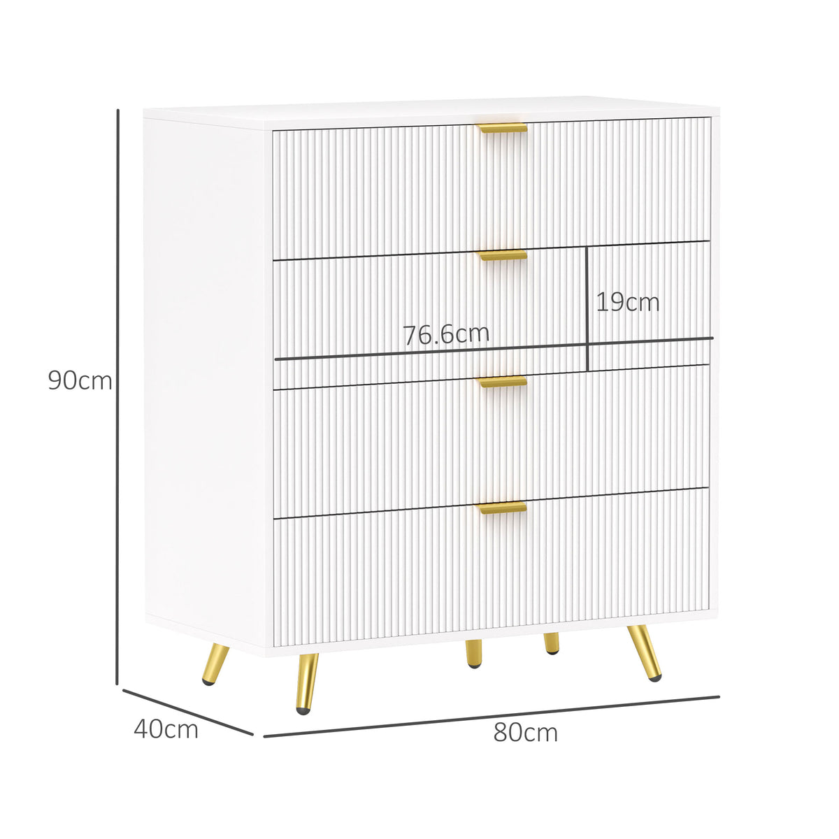 HOMCOM white four-drawer bedside table, 80 cm wide, 40 cm deep and 90 cm tall