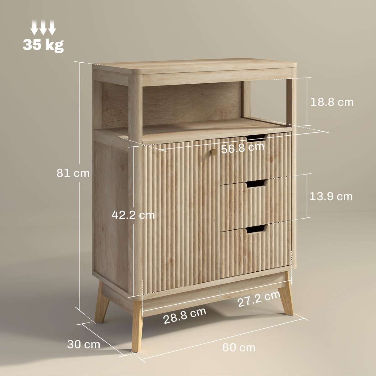 Light wood sideboard with dimensions marked: 60 cm wide, 30 cm deep, and 81 cm high