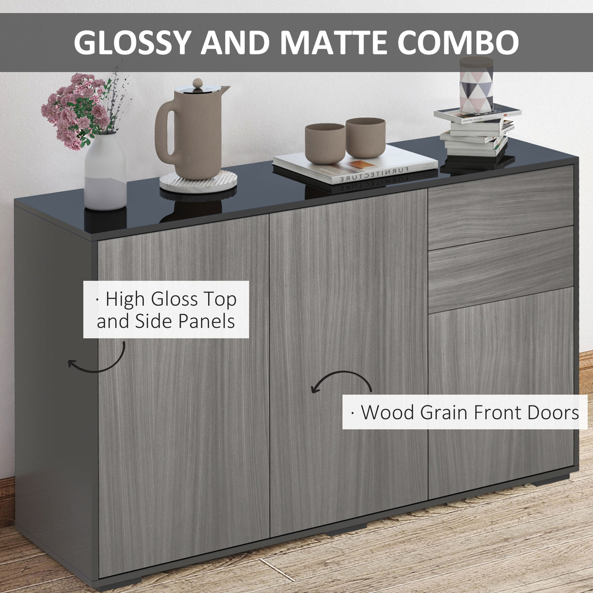HOMCOM side cabinet with glossy black top and side panels, matte wood-grain fronts