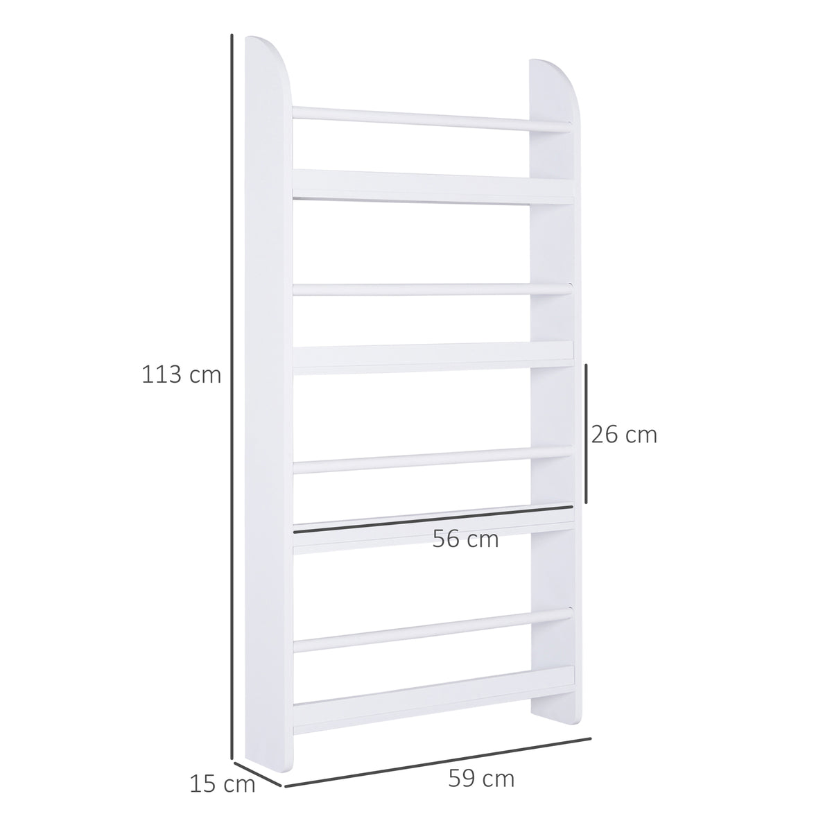 White wall-mounted four-tier bookcase, shown with dimensions and slim shelves.