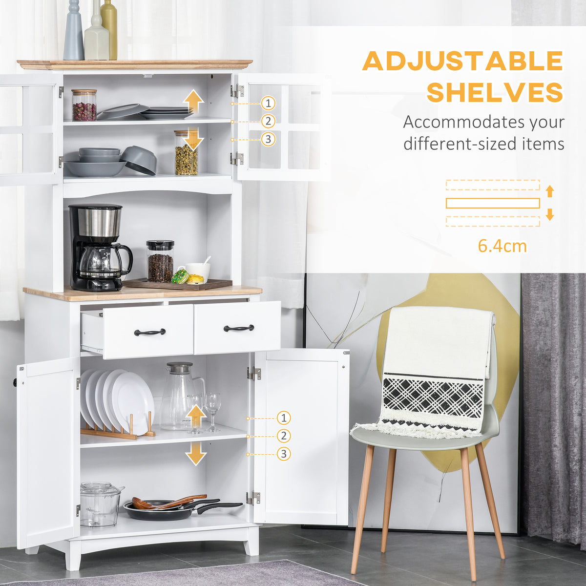 White kitchen storage cabinet with adjustable shelves, open drawers and cupboard doors