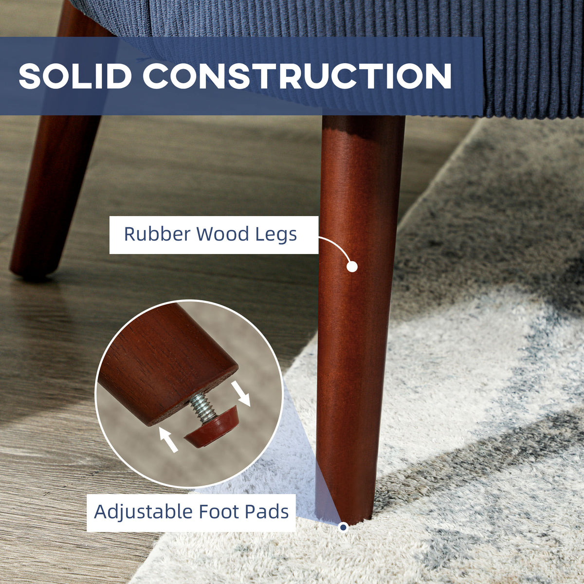 Accent chair detail showing a tapered rubberwood leg and adjustable foot pad