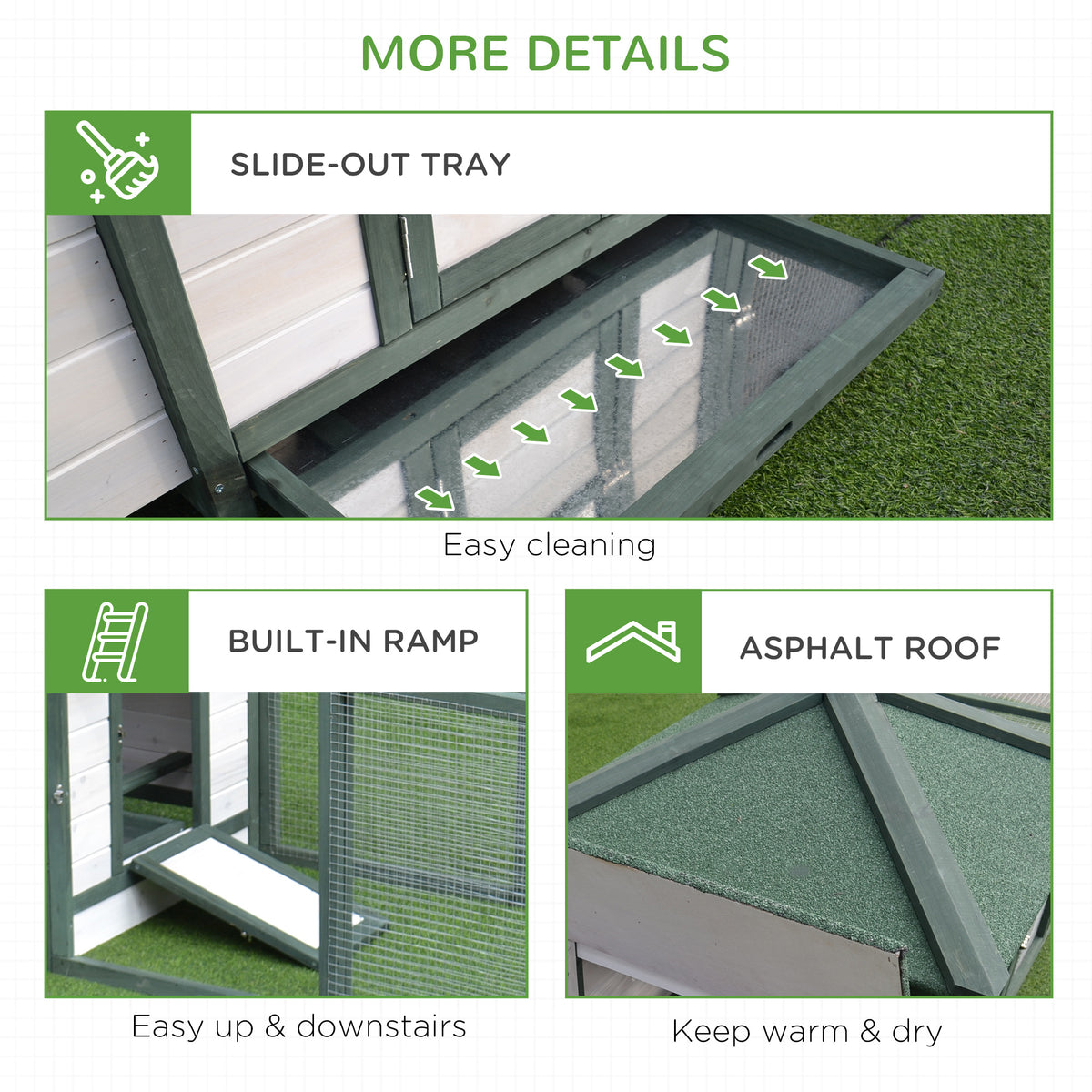 PawHut coop details: slide-out tray, built-in ramp and asphalt roof