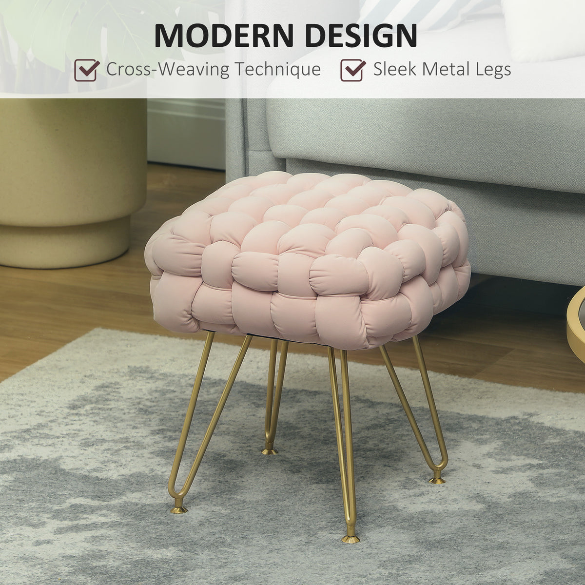 Pink cross-woven footstool with slim gold-tone metal legs